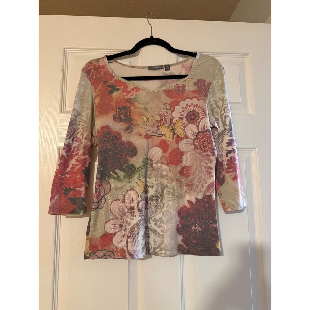 Apt 9 Petite Floral Butterfly Studded V-Neck Top Red Green PL Y2K